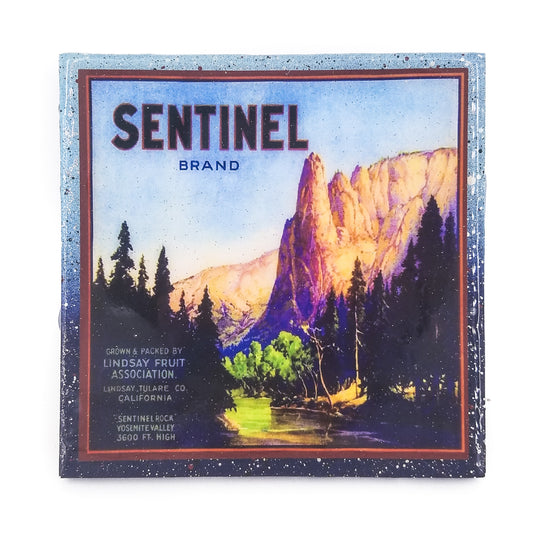Handmade Coaster National Parks - Yosemite Sentinel - Vintage Citrus Crate Label - Handmade Recycled Tile Coaster