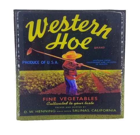 Western Hoe - Vintage Vegetable Crate Label - Handmade Coaster