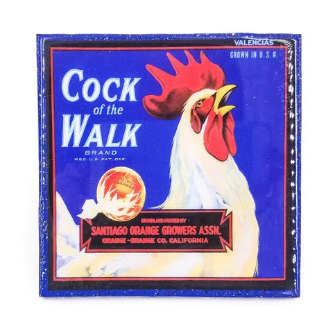 Handmade Coaster Chicken Rooster of the Walk - Vintage Citrus Crate Label - Handmade Recycled Tile Coaster
