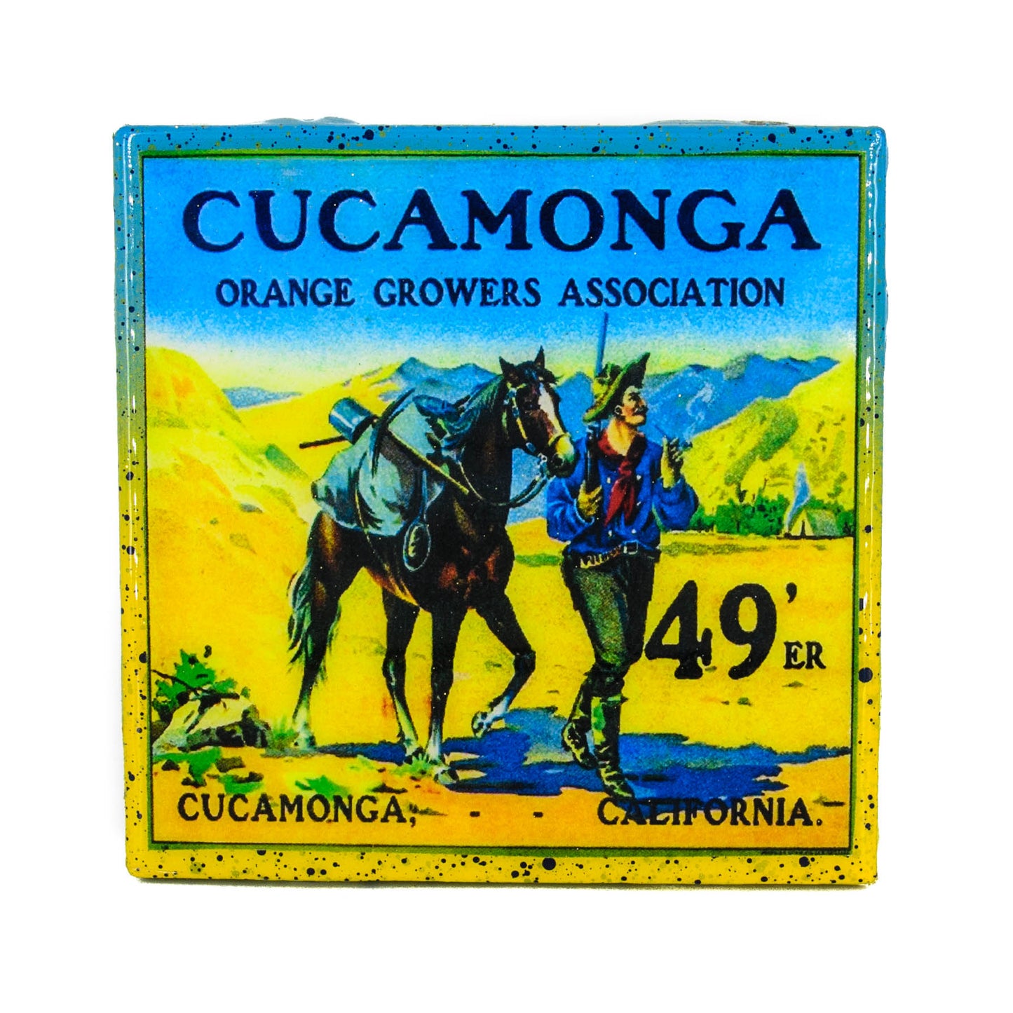 Handmade Coaster - Cucamonga 49'ers Vintage Citrus Crate Label - Handmade Recycled Tile Coaster