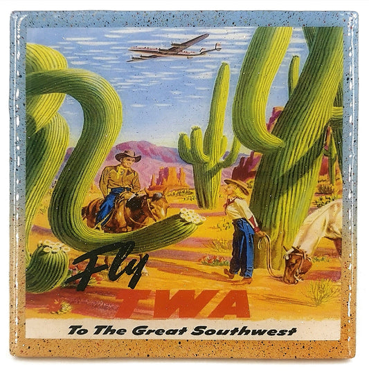 Handmade Coaster - Fly TWA Great Southwest - Vintage Art