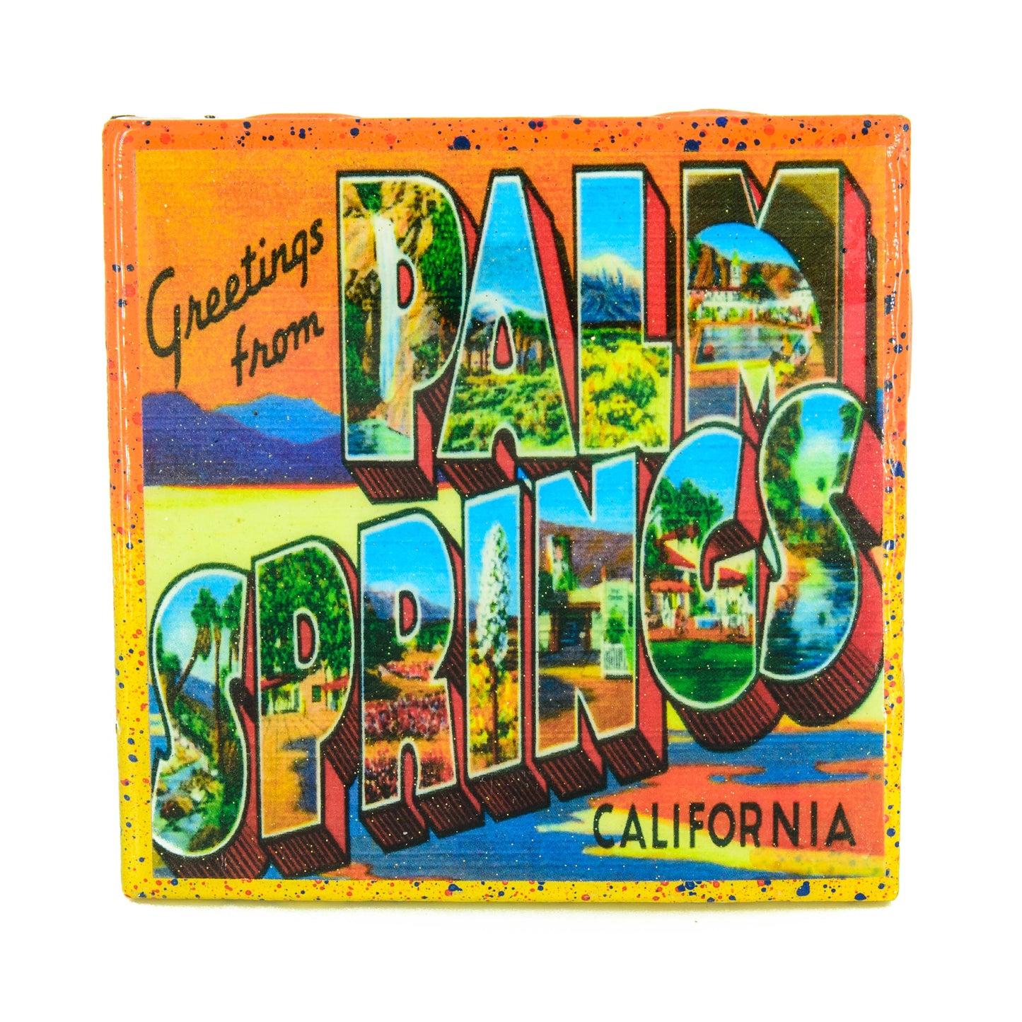 Handmade Coaster Vintage Travel - Greetings From Palm Springs Handmade Recycled Tile Coaster
