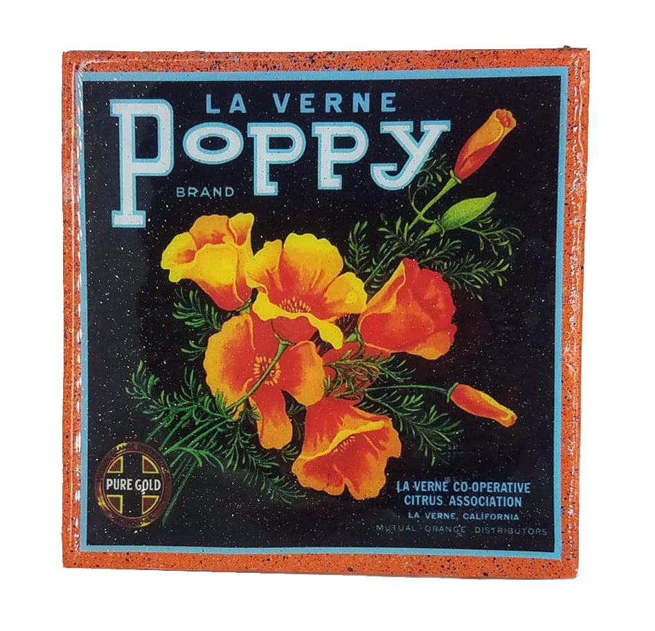 Handmade Coaster - La Verne Poppy - Vintage Citrus Crate Art