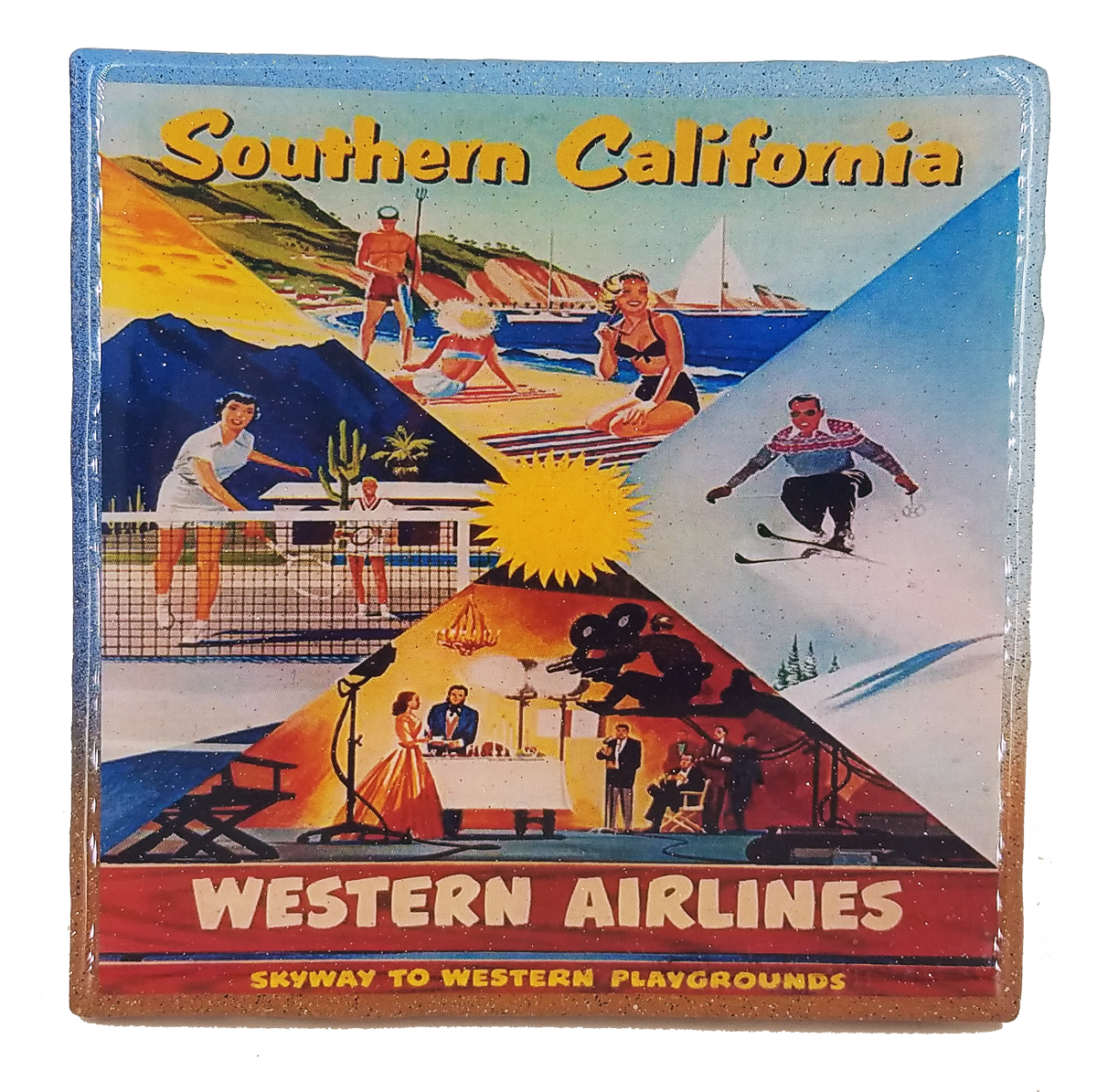 Handmade Coaster- Western Airlines- Southern California Destinations Vintage Art