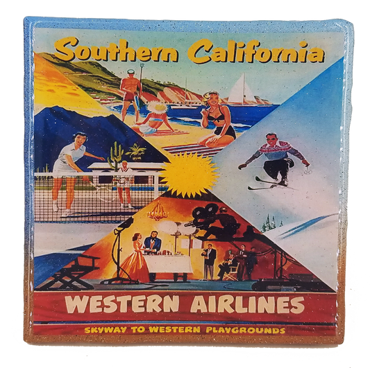 Handmade Coaster- Western Airlines- Southern California Destinations Vintage Art