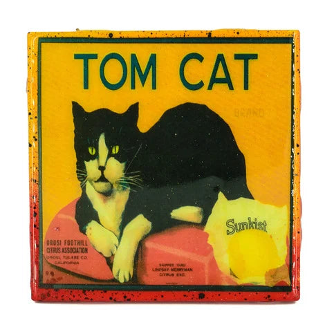 Handmade Coaster Tom Cat Brand - Vintage Citrus Crate Label - Handmade Recycled Tile Coaster