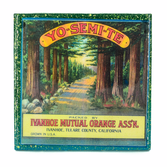 Handmade Coaster Yosemite Brand - Vintage Citrus Crate Label - Handmade Recycled Tile Coaster