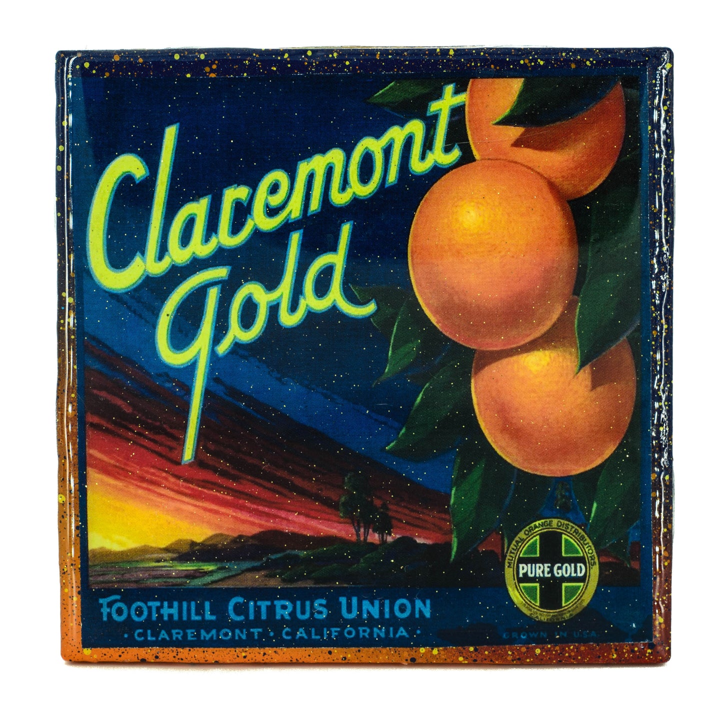 Claremont Gold Brand - Vintage Citrus Crate Label - Handmade Recycled Tile Coaster
