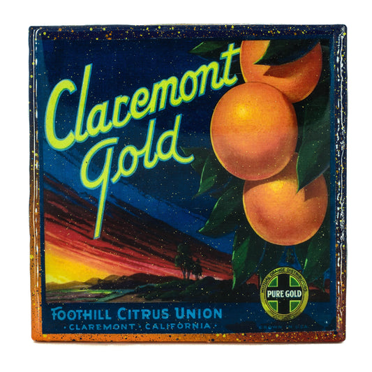 Claremont Gold Brand - Vintage Citrus Crate Label - Handmade Recycled Tile Coaster