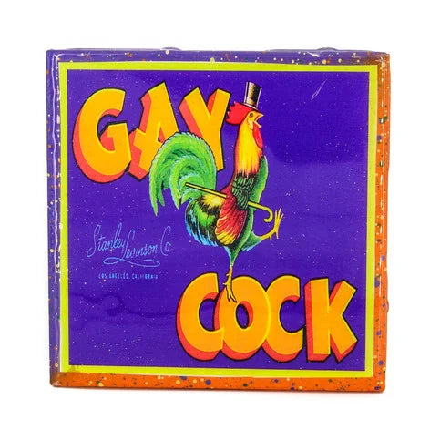 Handmade Coaster - Gay Rooster Vintage Citrus Crate Label - Handmade Recycled Tile Coaster