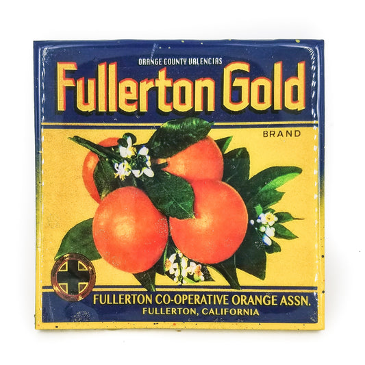 Handmade Coaster Fullerton gold - Vintage Citrus Crate Label - Handmade Recycled Tile Coaster