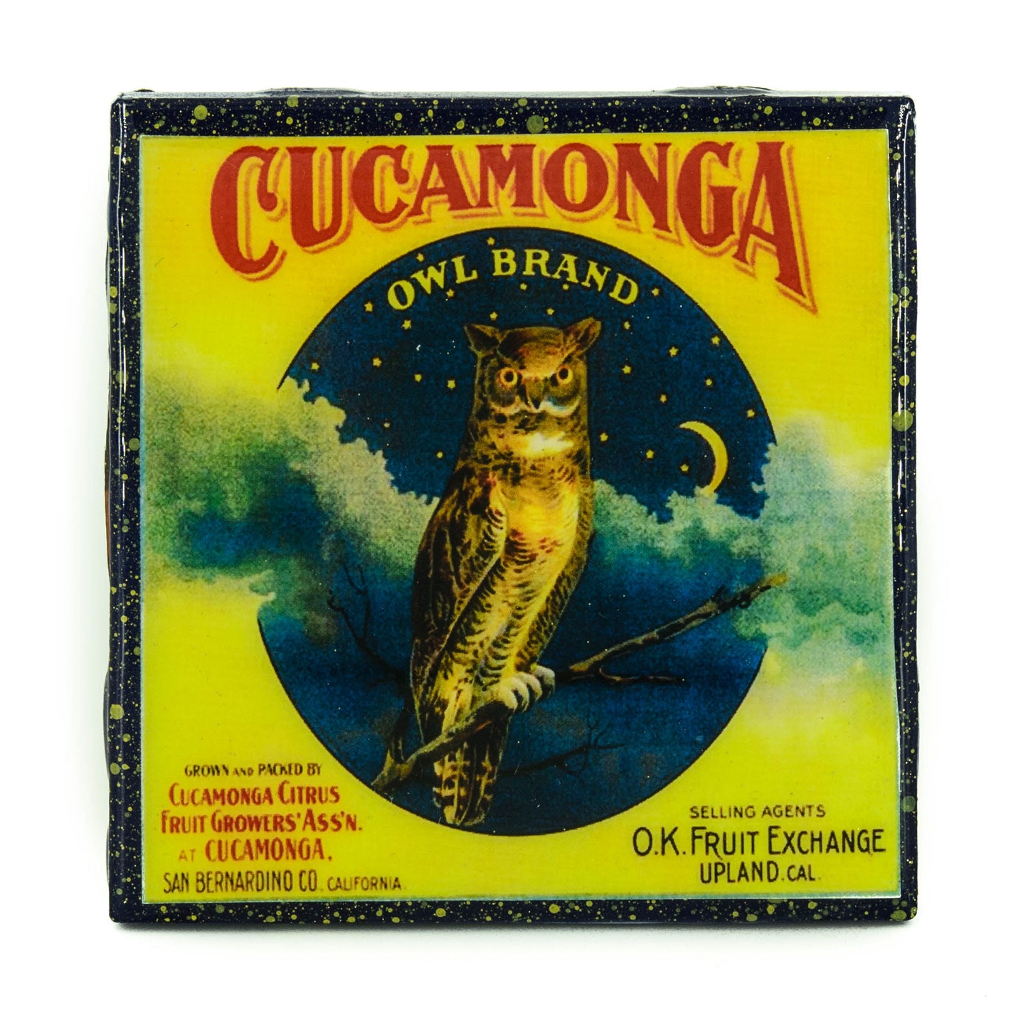 Cucamonga Owl Brand - Vintage Citrus Crate Label - Handmade Recycled Tile Coaster