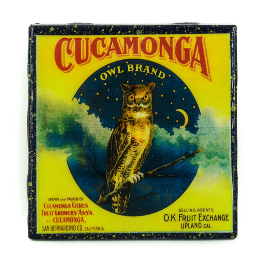 Cucamonga Owl Brand - Vintage Citrus Crate Label - Handmade Recycled Tile Coaster