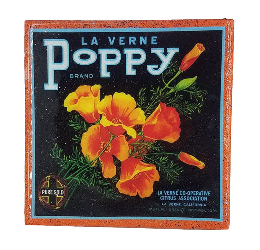 Handmade Coaster - La Verne Poppy - Vintage Citrus Crate Art