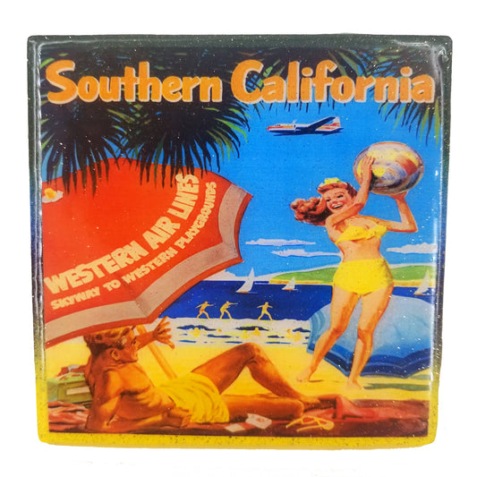 Handmade Coaster - Western Airlines - Southern California - Vintage Art